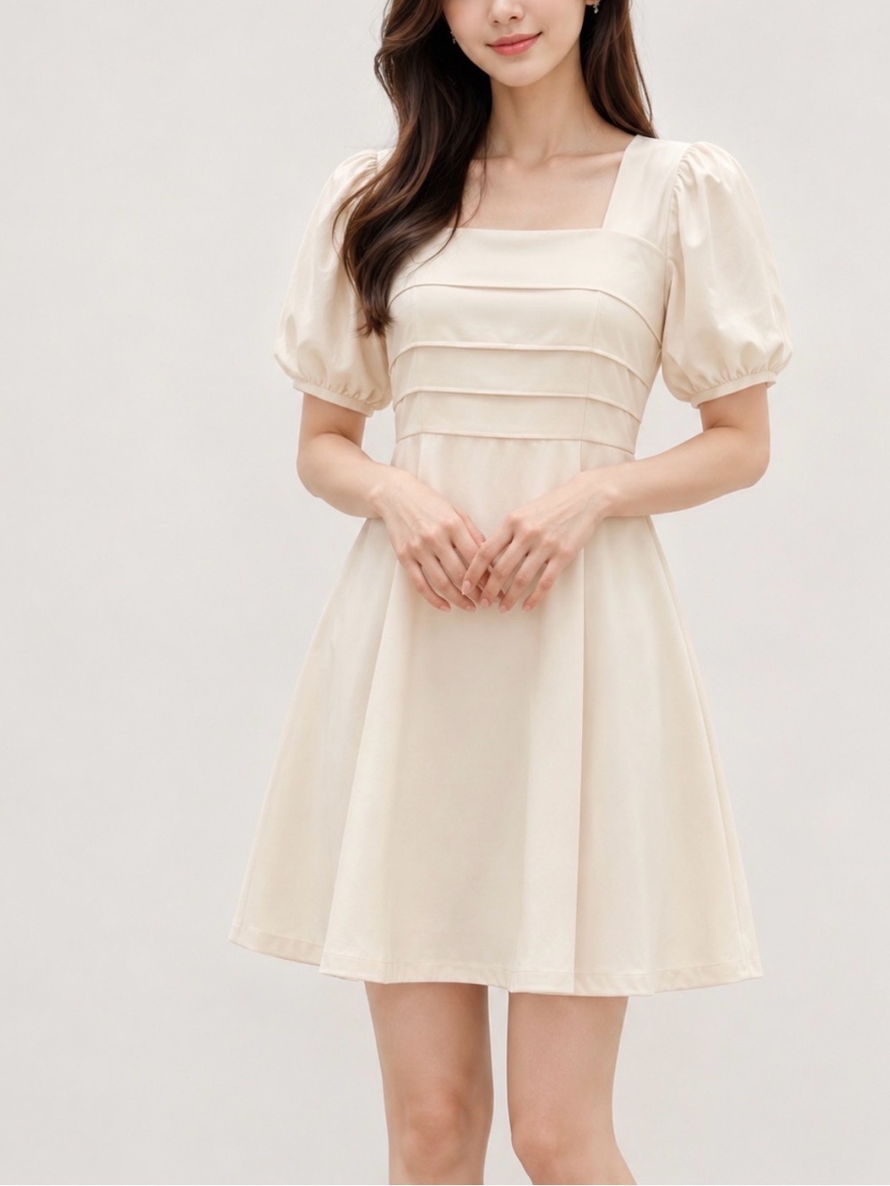Listicle Cream Puff-Sleeve Square neck Tiered Mini Dress Medium